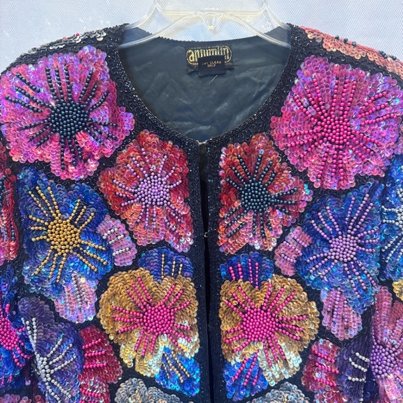 Vintage Anjunum California 100% Silk Sequin Beaded Floral Flowers Jacket - Picture 3 of 7
